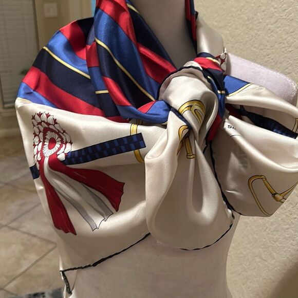 Celine Square Scarf 34x34 Equestrian Derby Print Cream Blue Red 100% Silk Rolled - Picture 2 of 11